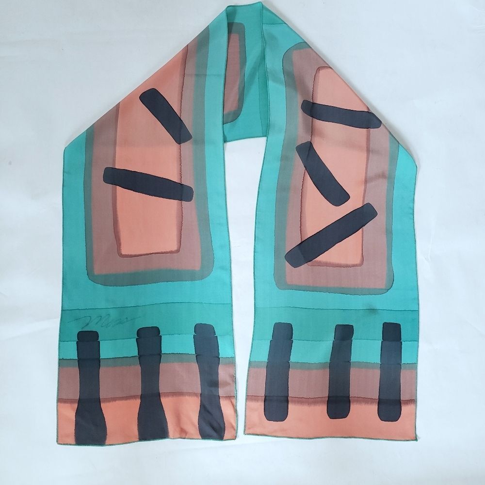 Moss 100% Silk Hand Painted Abstract Aqua Scarf